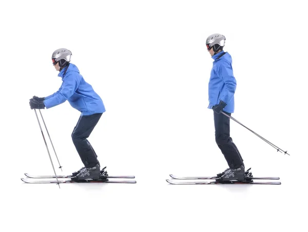 Skiier demonstrate how to push away in skiing. Sliding at the flat surface.