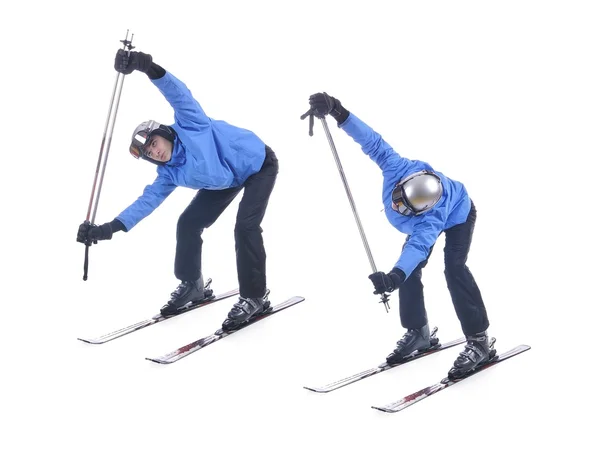 Skiier demonstrate warm up exercise for skiing. Bend forward and rotate with sticks.