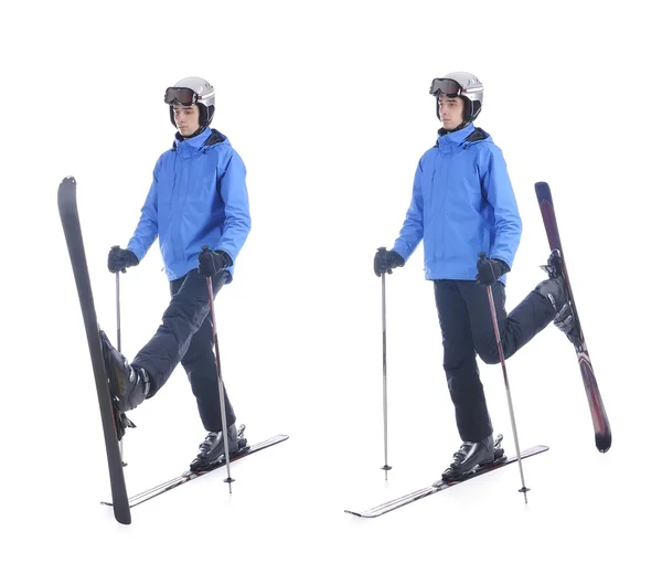 Skiier demonstrate warm up exercise for skiing.