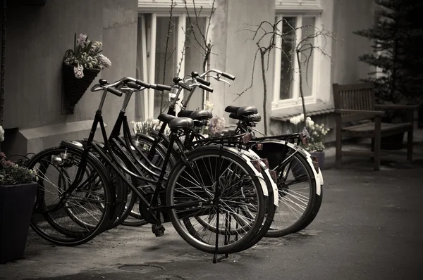 City bicycles clipped to a parking stand against thieves. Bicycles left for a long day. Nostalgic view.