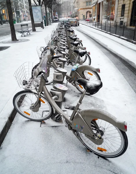 Velib' station after a snow fall in Paris