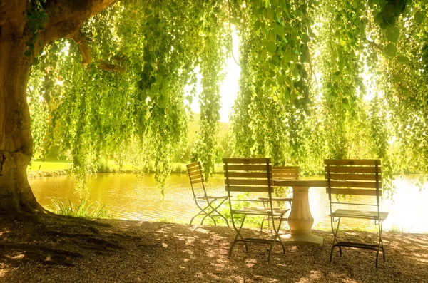 Stone table and chairs next to a pond