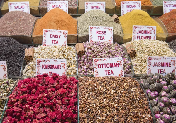 Selection of herbal teas at a market stall