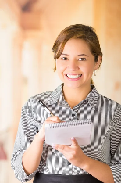 Young brunette waitress with great friendly smile taking order writing on notepad, restaurant background