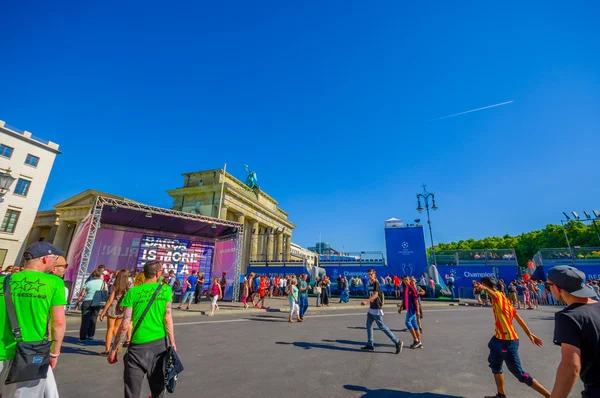 BERLIN, GERMANY - JUNE 06, 2015: Blue advertisings all around Brandenburger gate of Champions league final match in Berlin