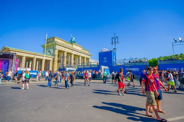 BERLIN, GERMANY - JUNE 06, 2015: Blue advertisings all around Brandenburger gate of Champions league final match in Berlin