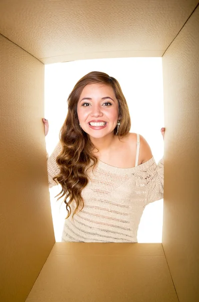 Girl with light brown hair smiling and appears inside a cardboard box