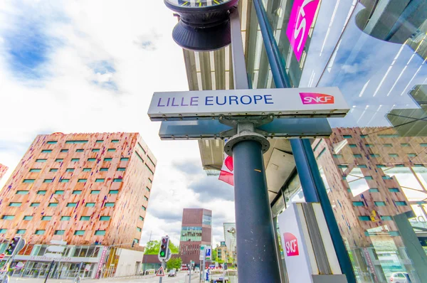 Lille, France - June 3, 2015: Road sign reading Lille Europe, located in streets outside train station