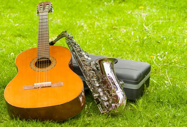 Beautiful golden saxophone and acoustic guitar lying across black instumental case on grassy surface