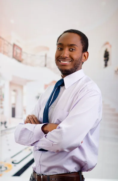 Handsome man wearing shirt and tie posing with arms crossed looking into camera smiling, business concept