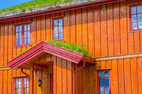 VALDRES, NORWAY - 6 JULY, 2015: Traditional Norwegian mountain cabins of wood with grassy rooftops sorrounded by stunning nature