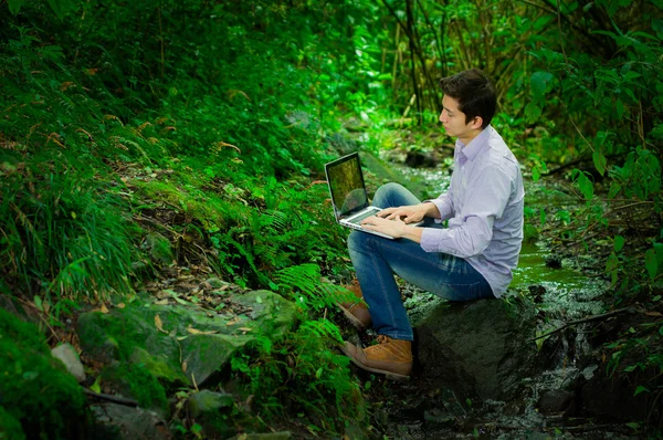 Young handsome man using laptop with great internet connectivity in the jungle