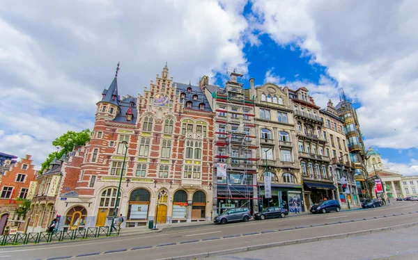 BRUSSELS, BELGIUM - 11 AUGUST, 2015: Music Instrument Museum front view, showing entire city block of fanstastic architecture, very charming and pretty buildings