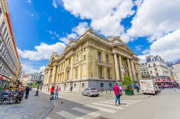 BRUSSELS, BELGIUM - 11 AUGUST, 2015: Spectacular view of the stock exchange building Place de la Bourse with its stunning details and architecture