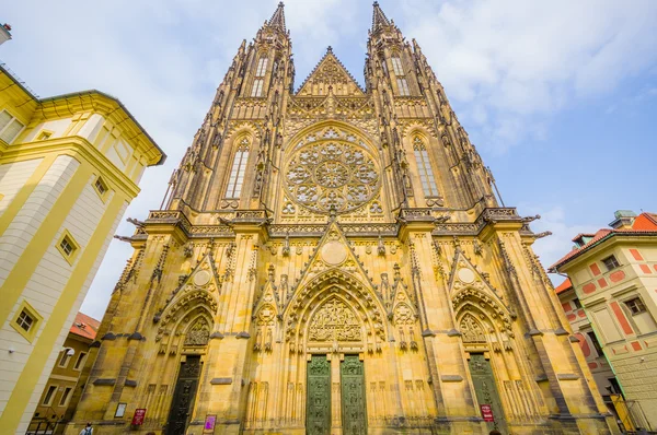 Prague, Czech Republic - 13 August, 2015: St. Vitus cathedral as seen from front with incredible details and gothic architecture
