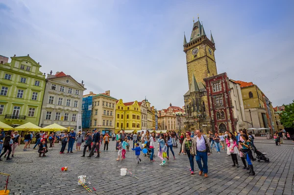 Prague, Czech Republic - 13 August, 2015: Steet view from lively and beautiful old town square, bridgestone plaza with fantastic architecture