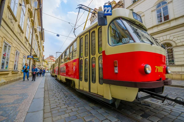 Prague, Czech Republic - 13 August, 2015: Closeup public transportation tram making its way through charming city streets