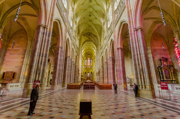 Prague, Czech Republic - 13 August, 2015: St. Vitus cathedral as seen from inside with amazing gothic architecture and decorative details