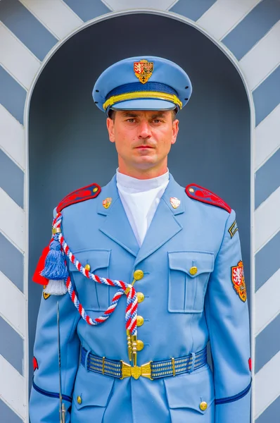 Prague, Czech Republic - 13 August, 2015: Portrait of castle guards wearing his distinct uniform and serious facial expression