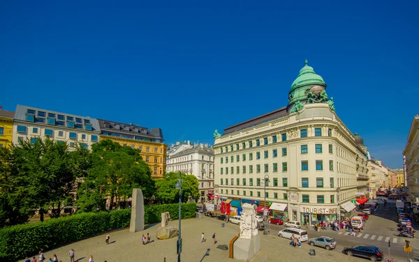 Vienna, Austria - 11 August, 2015: Plaza located around famous Hotel Sacher sorrounded by beautiful architecture and buildings