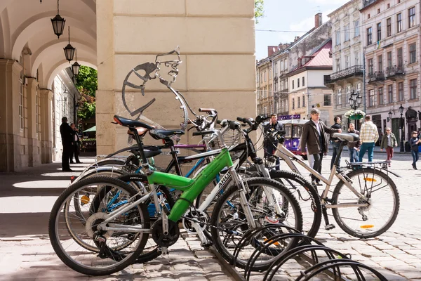 Bicycle parking on the Market Square in Lviv, Ukraine