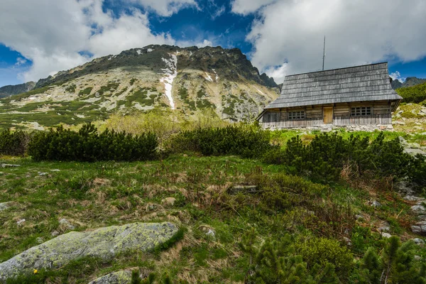 Wooden house in remote mountains in summer