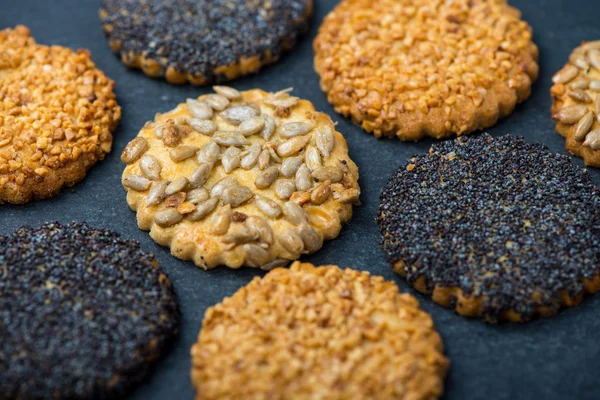 Healthy snacks with seeds, food background from above