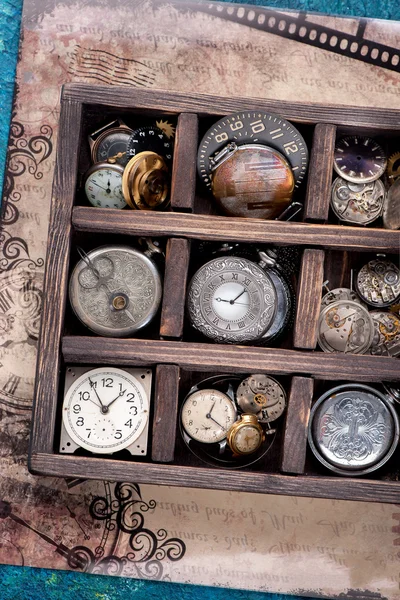 Old pocket watch and clock face in vintage box