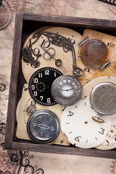 Old pocket watch and clock face in vintage box