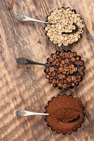 Various types coffee. Green raw coffee, ground coffee, coffee beans
