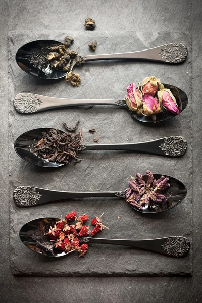 Different tea and dried herbs in vintage spoon. Top view, vertical
