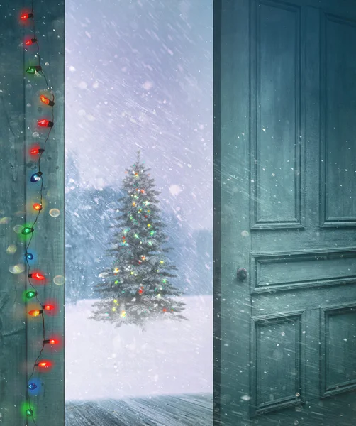 Door opening outside to a snowy winter scene