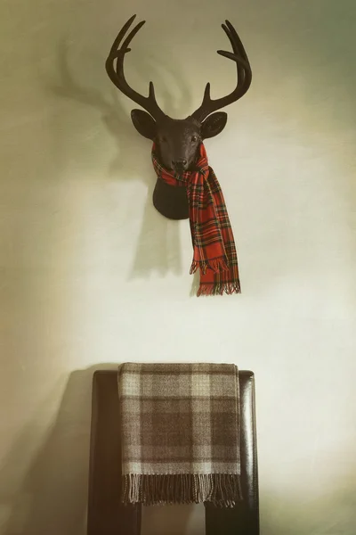 Mounted deer head with red plaid scarf and chair below