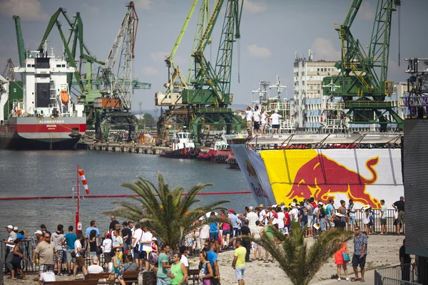 VARNA - JULY 2: A competitor is jumping an improvised aircraft i