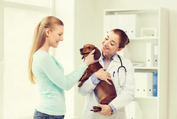 Happy woman with dog and doctor at vet clinic