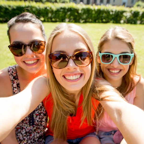 Group of smiling teen girls taking selfie in park