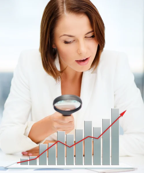 Businesswoman looking through magnifier to graphs