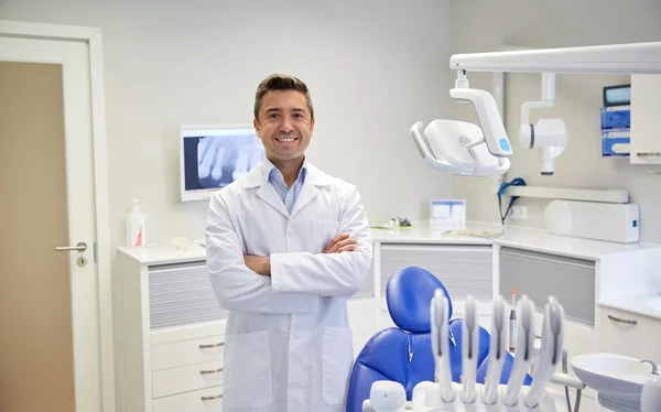 Happy male dentist at dental clinic office