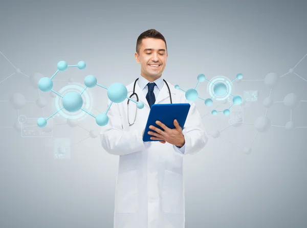 Male doctor with tablet pc and molecule formula