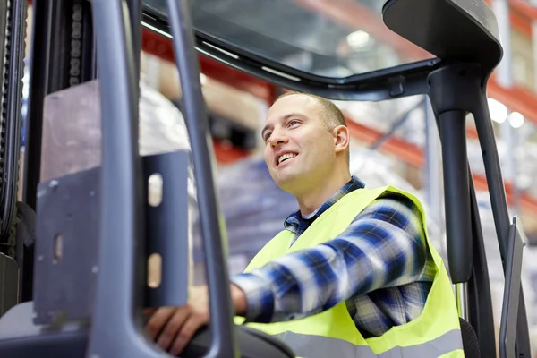 Man operating forklift loader at warehouse