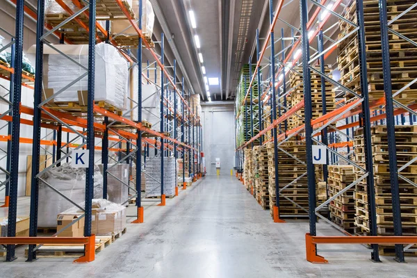 Cargo boxes storing at warehouse shelves