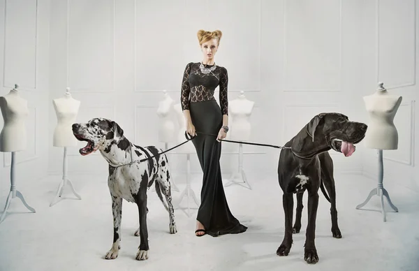 Elegant, serious lady with two giant dogs