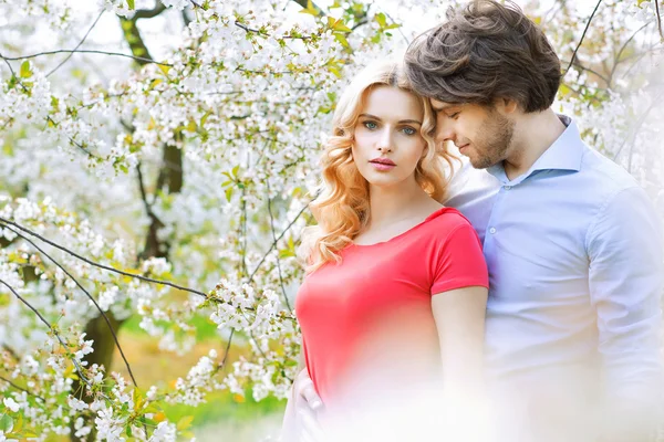 Married couple spending leisure time in the orchard