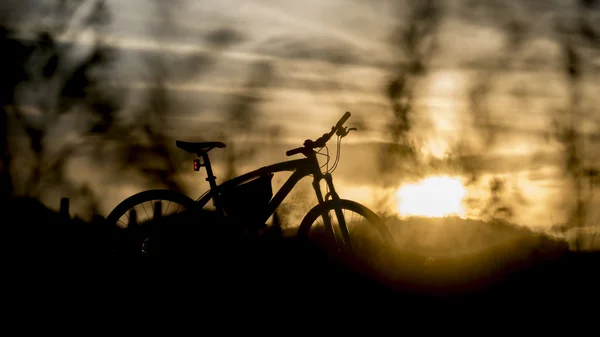 Silhouette of mountain bike with sunset light