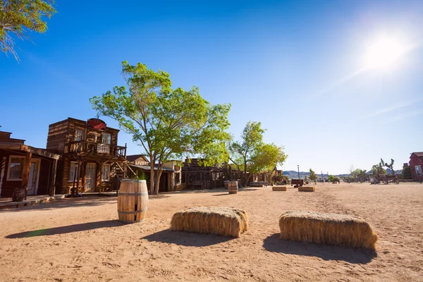 Pioneer town buildings and hay stack