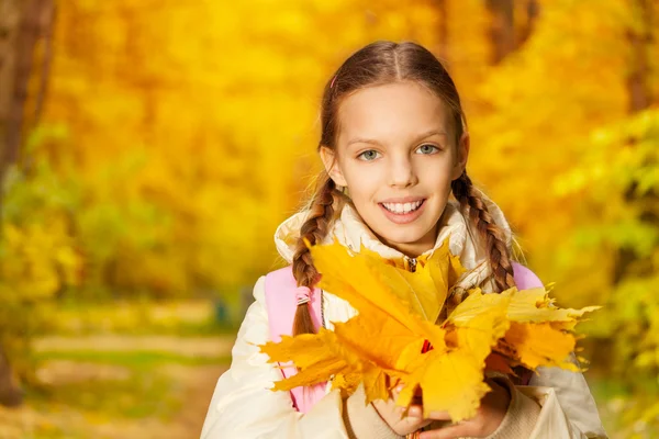 Girl with autumn yellow leaves bunch