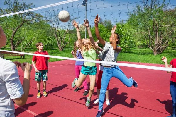 Happy teenage kids play volleyball