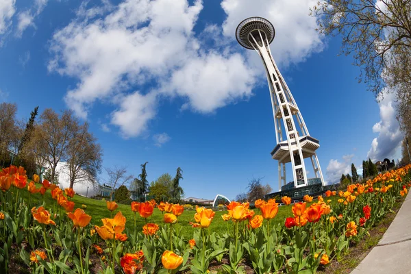 Space needle tower with tulips