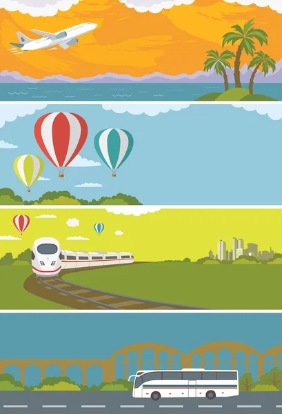 Set of Colorful Travel Banners with Flat Design. Flying airplane, Train, Bus, Hot Air Balloon. Transportation.