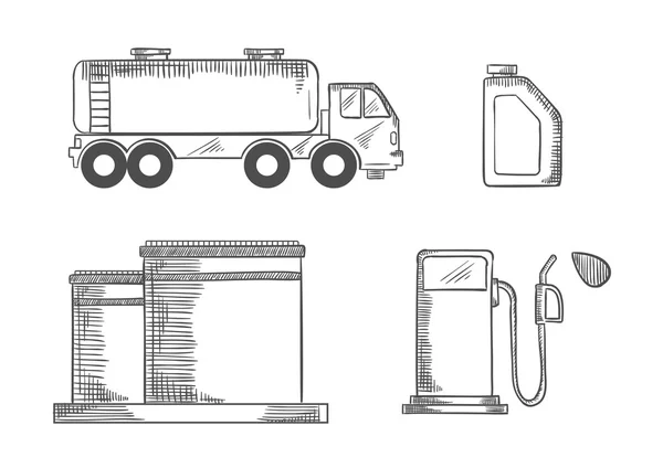 Oil industry and transportation sketched icons